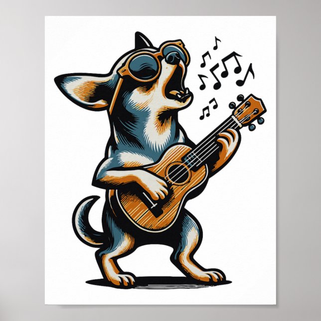 Poster Cachorro Tocando Guitarra Cantando Chihuahua Cacho (Frente)
