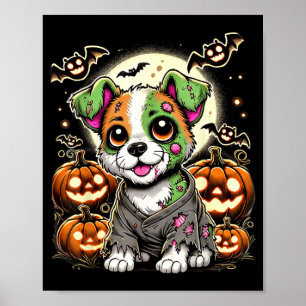 Poster Cachorro Zombie Fofo Com Abóboras E Morcegos Hallo