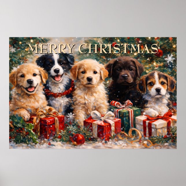 Poster Cachorros de Natal com Presentes sob a Árvore Deco (Frente)