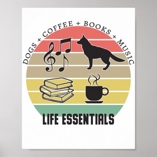 Poster Cachorros Essenciais Da Vida, Café, Livros, Música (Frente)