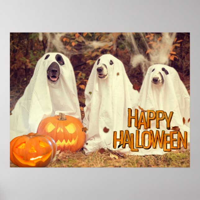 Poster Cachorros Felizes de Halloween em Figurinos Fantas (Frente)