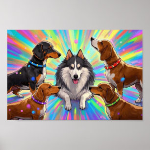 Poster Cachorros Filhotes com fundo de arco-íris