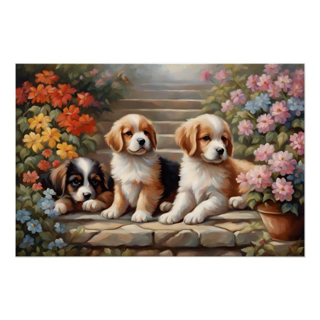 Pôster Cachorros Fofos no Jardim de Flores  (Frente)