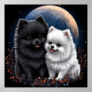 Poster Cachorros Pomerânia Pretos e Brancos Adoráveis