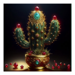 Pôster Cacto Saguaro Dourado Com Rubis Embutidos