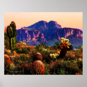 Poster Cactos E Montanha Roxa No Deserto De Dusk Sonoran