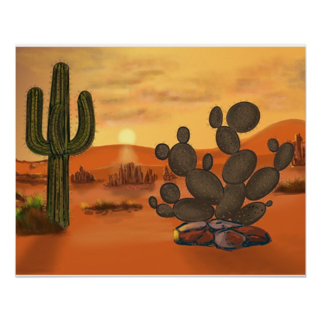 Pôster Cactus dans le desert, couleurs automne chaudes. (Frente)