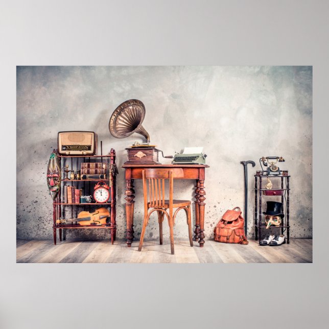 Poster Cadeira antiga, máquina de escrever antiga, rádio  (Frente)