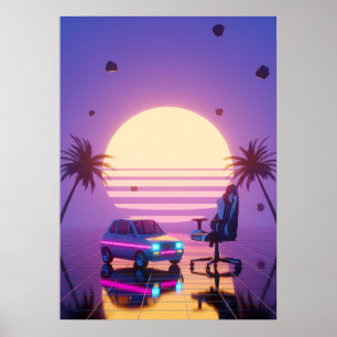 Poster Cadeira de Jogo e Carro Retro Vaporwave