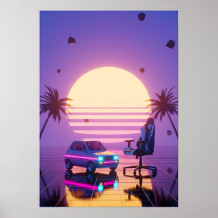 Poster Cadeira de Jogo e Carro Retro Vaporwave