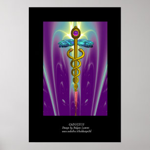 Pôster Caduceu Médico Dourado Símbolo Roxo Verde Preto