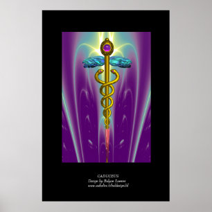 Pôster Caduceu Médico Dourado Símbolo Roxo Verde Preto