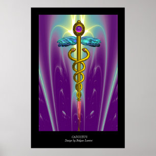 Pôster Caduceu Médico Dourado Símbolo Roxo Verde Preto