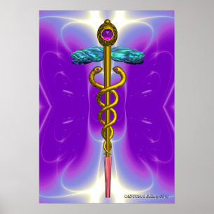 Pôster Caduceu Médico Dourado Símbolo Ultra Violeta Roxo