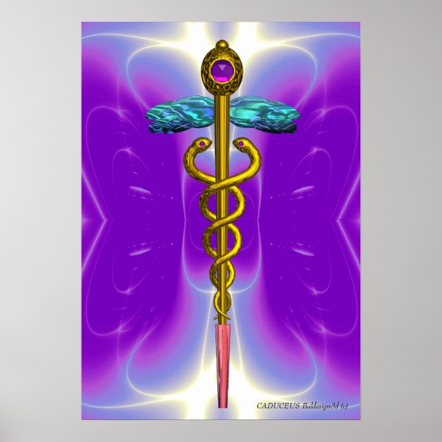 Pôster Caduceu Médico Dourado Símbolo Ultra Violeta Roxo (Frente)