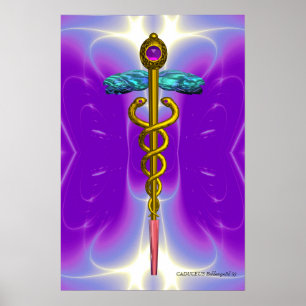 Pôster Caduceu Médico Dourado Símbolo Ultra Violeta Roxo