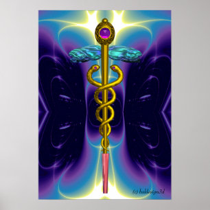 Pôster Caduceu Médico Símbolo GOLD Roxo Ondas Azuis