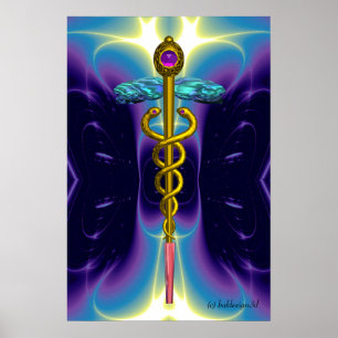Pôster Caduceu Médico Símbolo GOLD Roxo Ondas Azuis