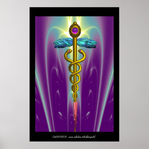 Pôster Caduceu Médico Símbolo GOLD Roxo Ondas Verdes