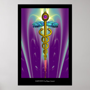 Pôster Caduceu Médico Símbolo GOLD Roxo Ondas Verdes