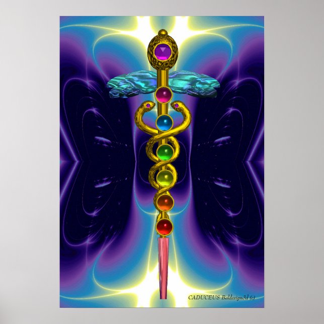 Pôster CADUCEUS E 7 CHAKRAS, ametísta vibrante do ouro (Frente)