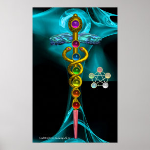 Poster CADUEUS Dourados E 7 CHAKRAS EM ROSA FRACTAL AZUL