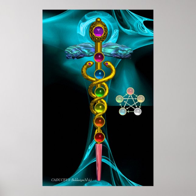 Poster CADUEUS Dourados E 7 CHAKRAS EM ROSA FRACTAL AZUL (Frente)