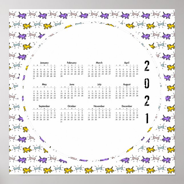 Poster Cães Amarelos Roxos Calendário Grafitti 2021 (Frente)