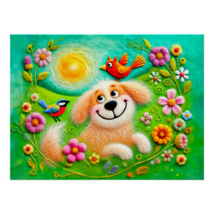 Pôster Cães de Arte Relaxando em um Jardim Colorido