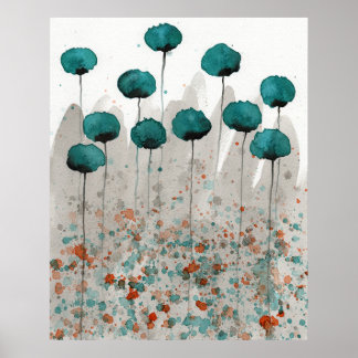 Poster Cães de Teal e Cinza, Muro de Flores de Aquarela