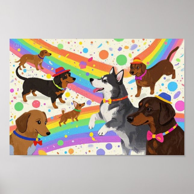 Poster Cães divertidos e bonitos com arco-íris (Frente)