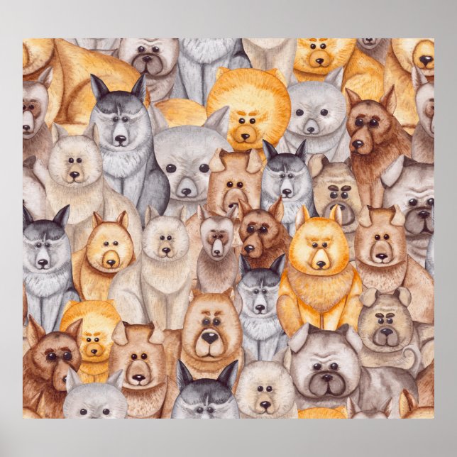 Poster Cães em Aquarela: Diversão Caprichosa e Sem Costur (Frente)