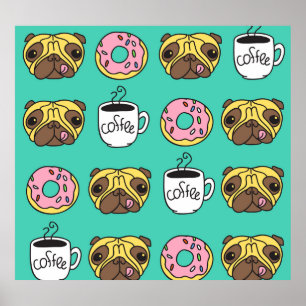 Poster Cães engraçados, rosquinhas, padrão de café.