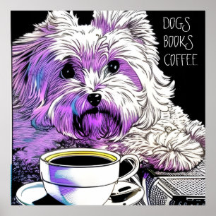 Poster CÃES Fluffy Beaumont, LIVROS, COFFEE Texto editáve