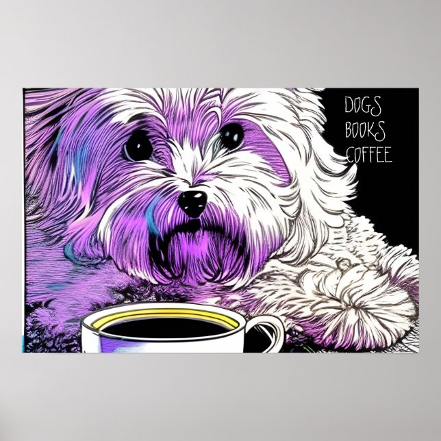 Poster CÃES Fluffy Beaumont, LIVROS, COFFEE Texto editáve (Frente)