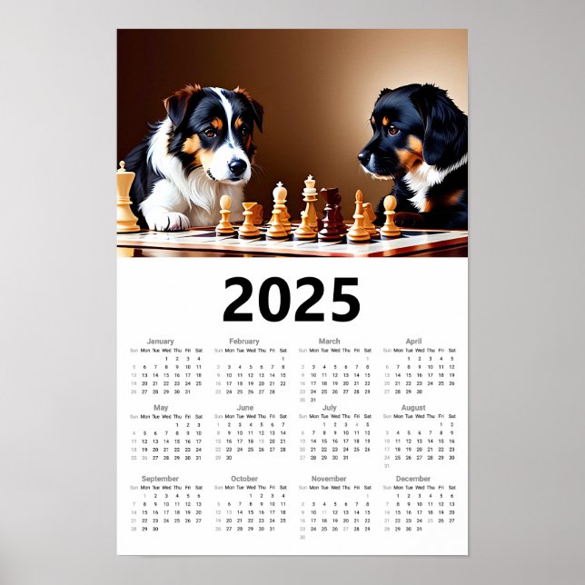 Poster Cães Jogando Xadrez 2025 Calendário (Frente)