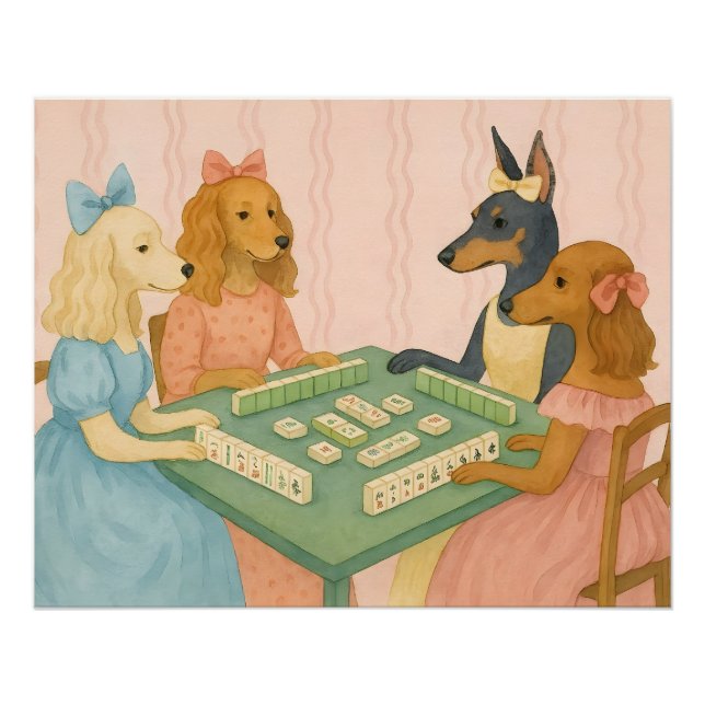 Pôster Cães Lindos Antigos Jogando Mahjong (Frente)