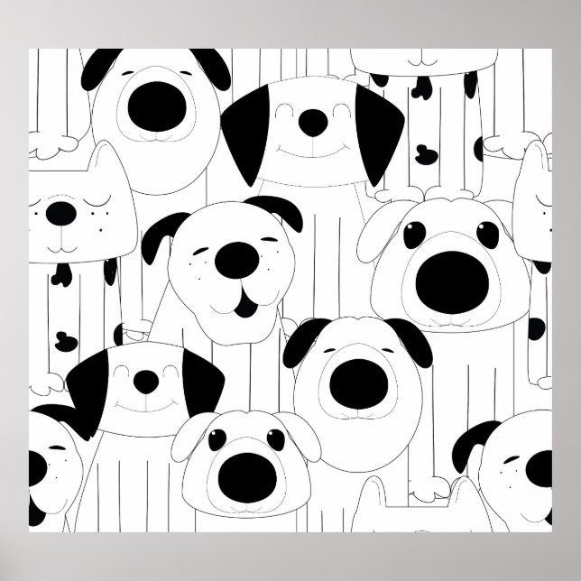 Poster Cães lindos: desenho animado branco e preto. (Frente)