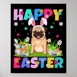Poster Cães Pug Feliz Páscoa Caça aos Ovos Orelha de Coel