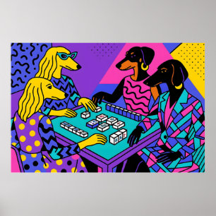 Poster Cães retrô jogando Mahjong