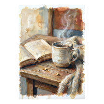 Café Aconchegante e Livro Cartaz Aquarela | Hygge