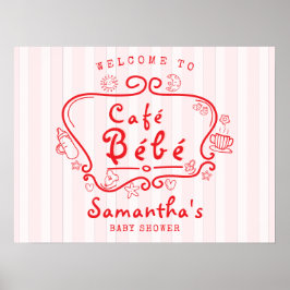 Poster Café Bébé Chá de fraldas francês moderno rosa-verm