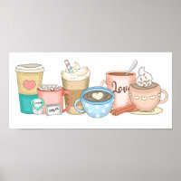 Café branco desenhado à mão e cacau quente