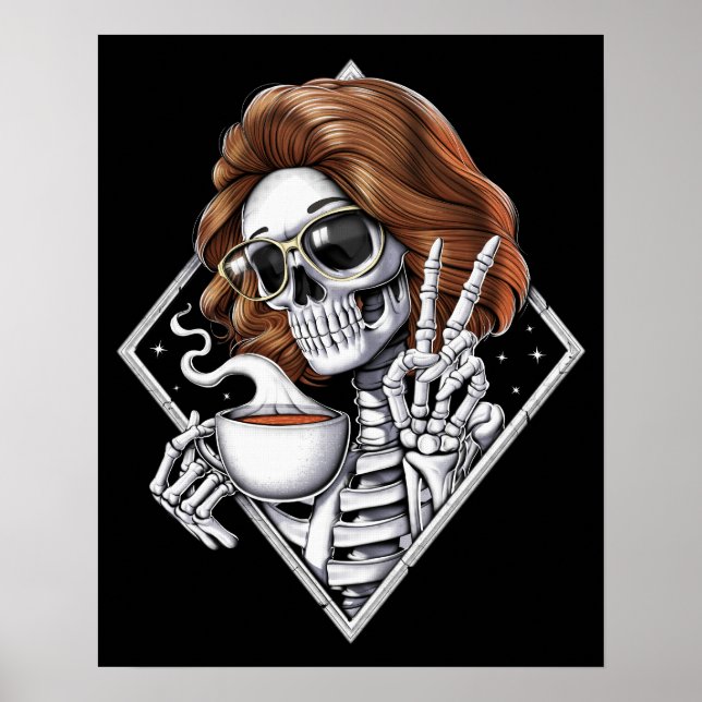 Poster Café com Bebendo Hippie Skeleton (Frente)