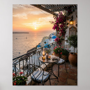 Poster Café com varanda em Santorini com vista para o Mar