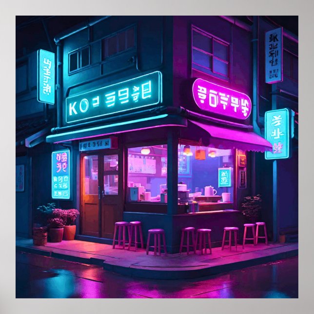 Poster Café Coreano Neon LoFi Arte  (Frente)