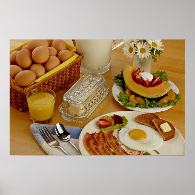 Pôster Café da manhã de bacon, ovos e jarro de leite (Frente)