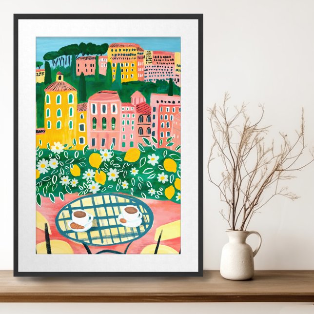 Poster Café da manhã em Terrace Whimsical City Painting A (Breakfast on Terrace Europe Whimsical Cityscape Gouache Painting Wall Art Poster
)