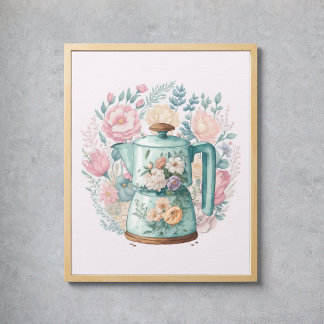 Poster Café Floral Rosa Kettle Watercolor Kitchen