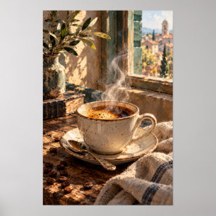 Poster Café Fumegante por uma Janela Iluminada pelo Sol –